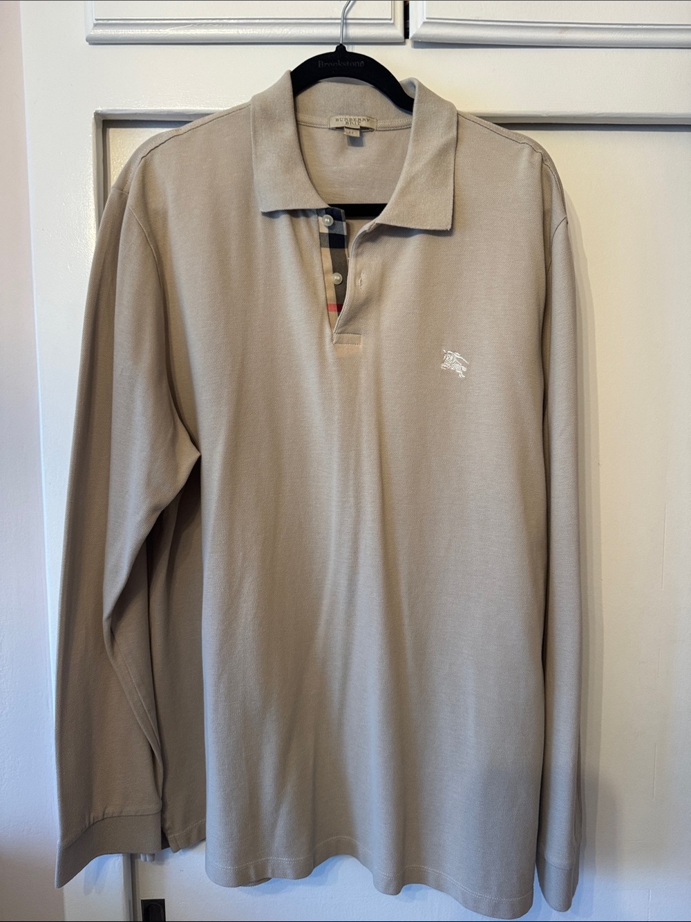 Burberry Taupe Long Sleeve Polo with Signature Check Trim